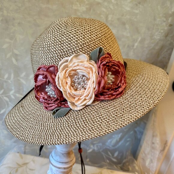 Elegant Women's Tweed Sun Hat With Satin Flowers And Pearls Special Event (NEW) - Picture 10 of 12